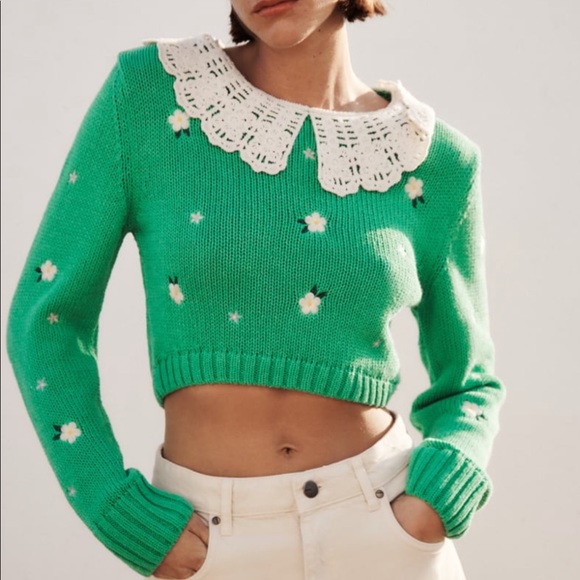 Zara Sweaters Zara Nwt S Green Embroidered Floral Knit Sweater